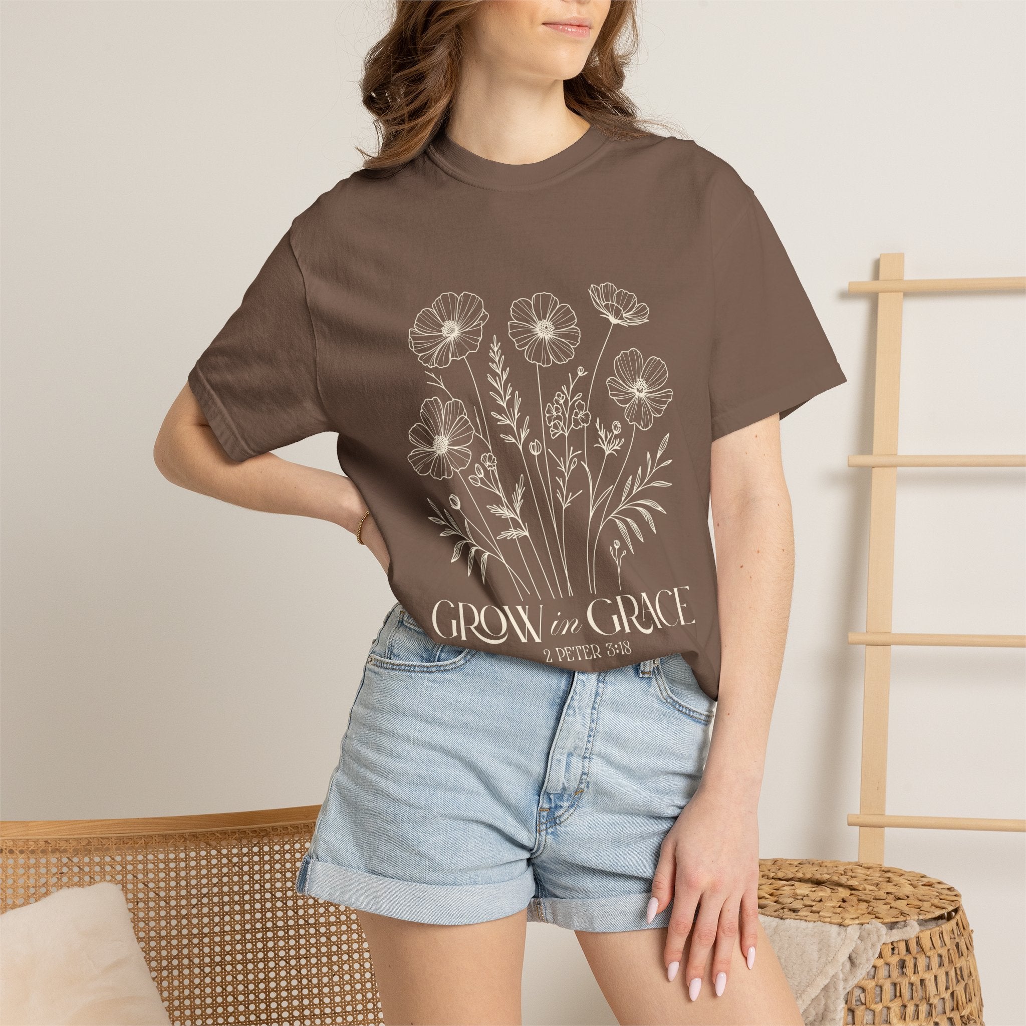 T-Shirt — Minimal white floral design Grow in Grace