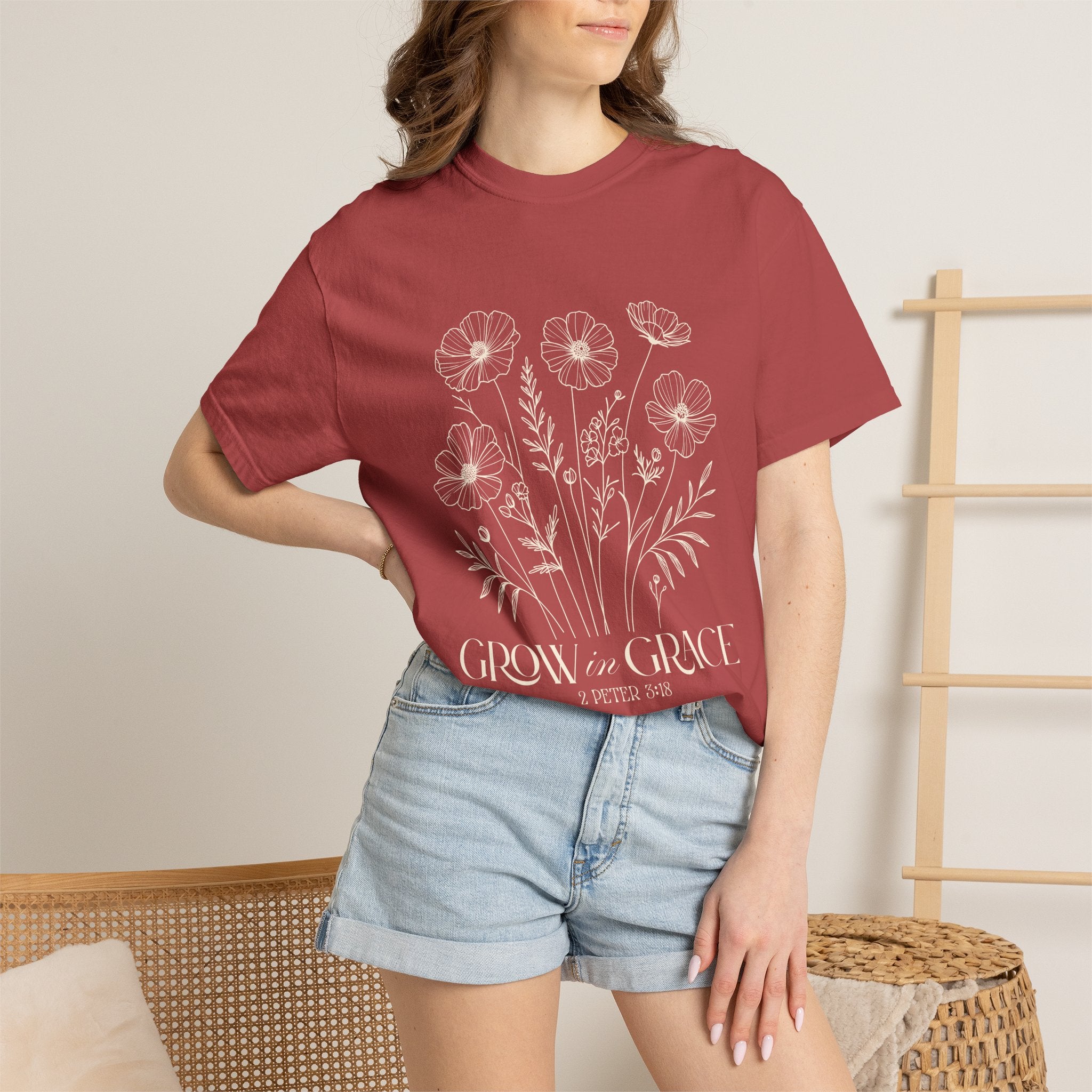 T-Shirt — Minimal white floral design Grow in Grace