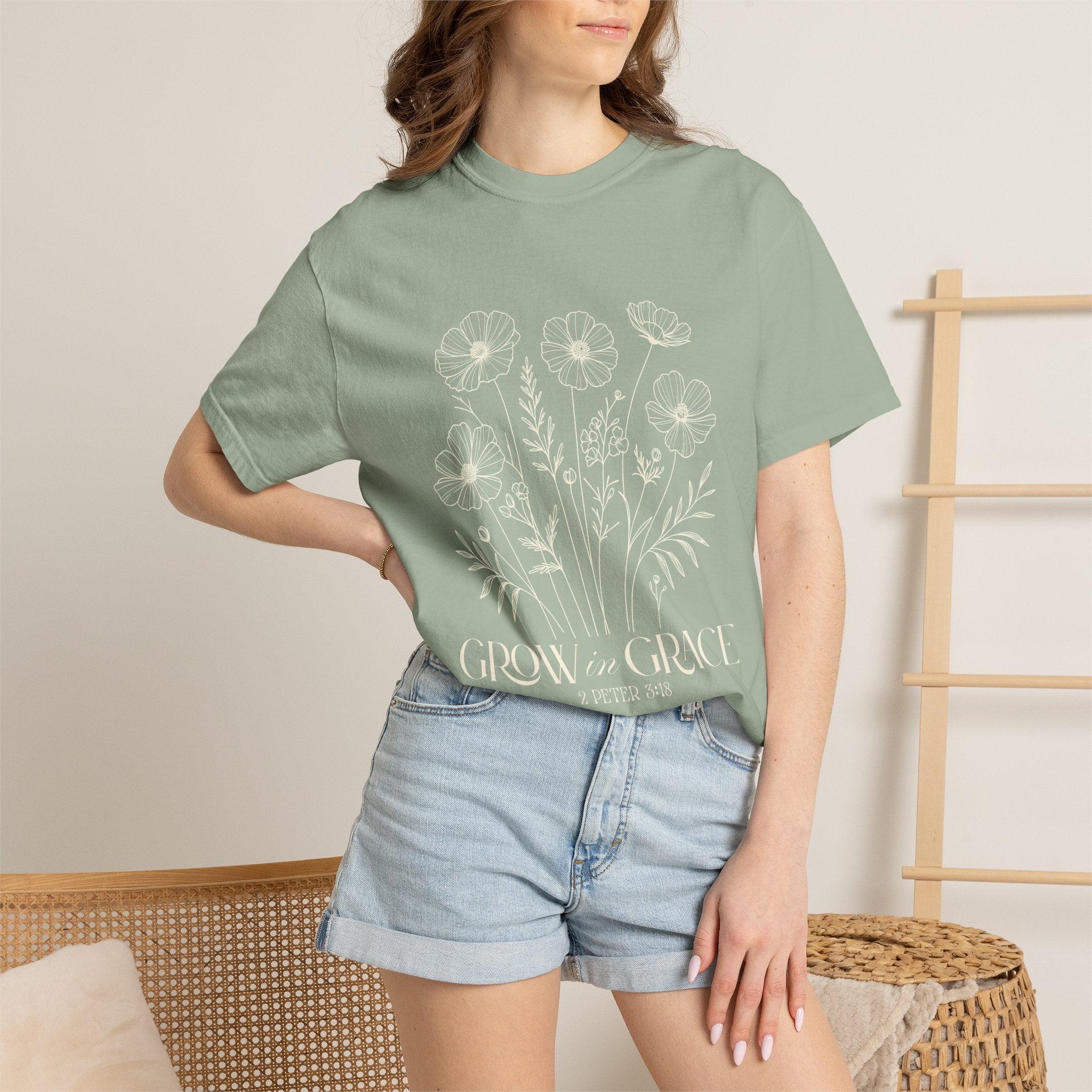T-Shirt — Minimal white floral design Grow in Grace