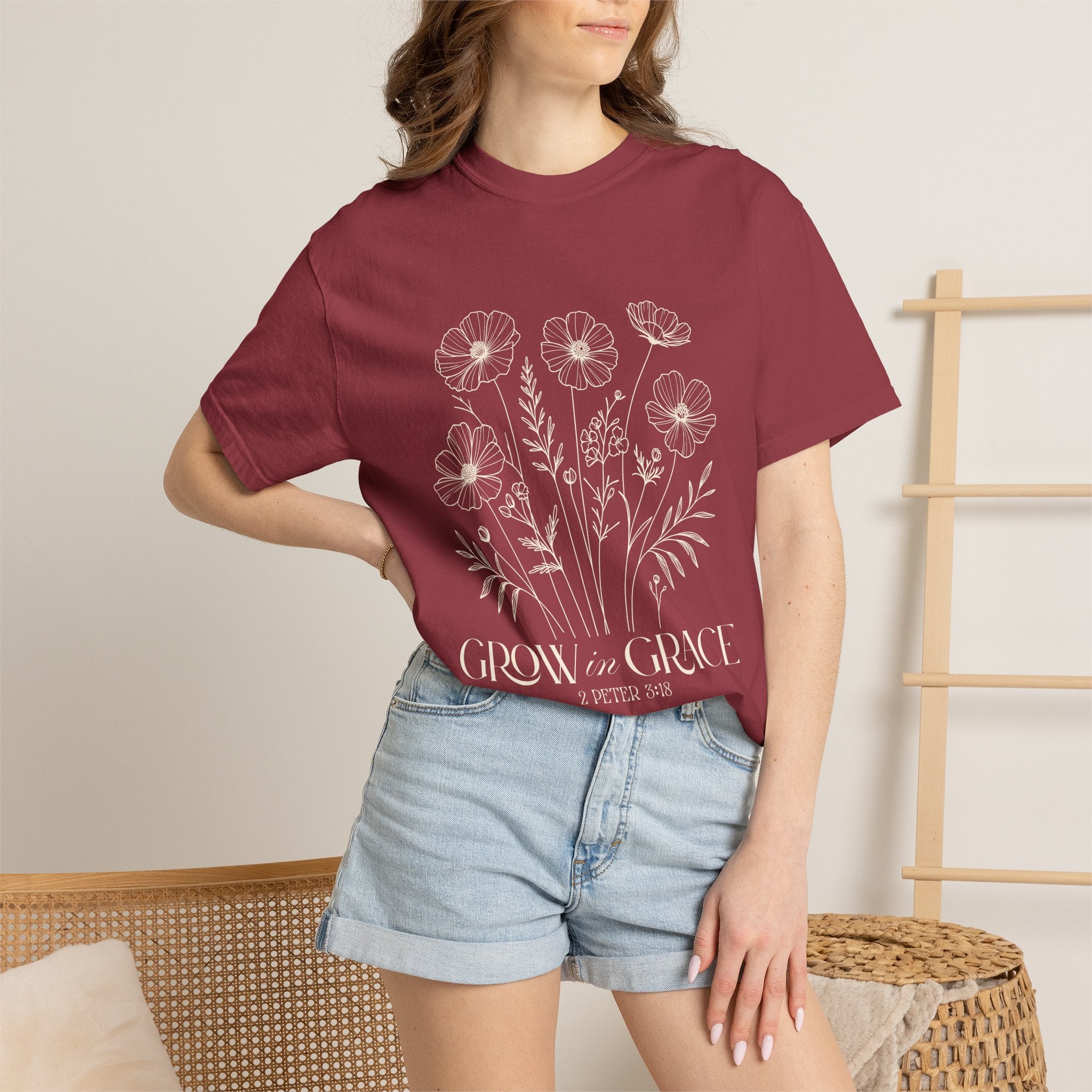 T-Shirt — Minimal white floral design Grow in Grace