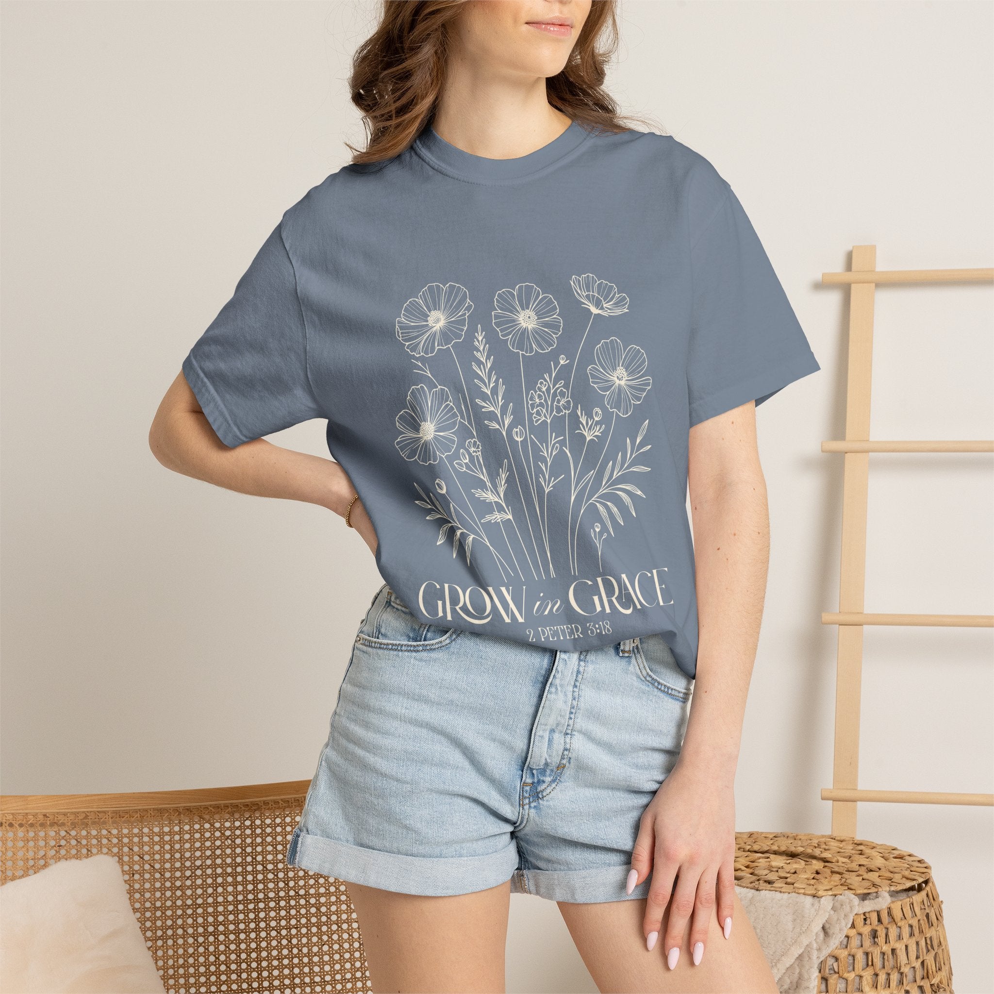 T-Shirt — Minimal white floral design Grow in Grace