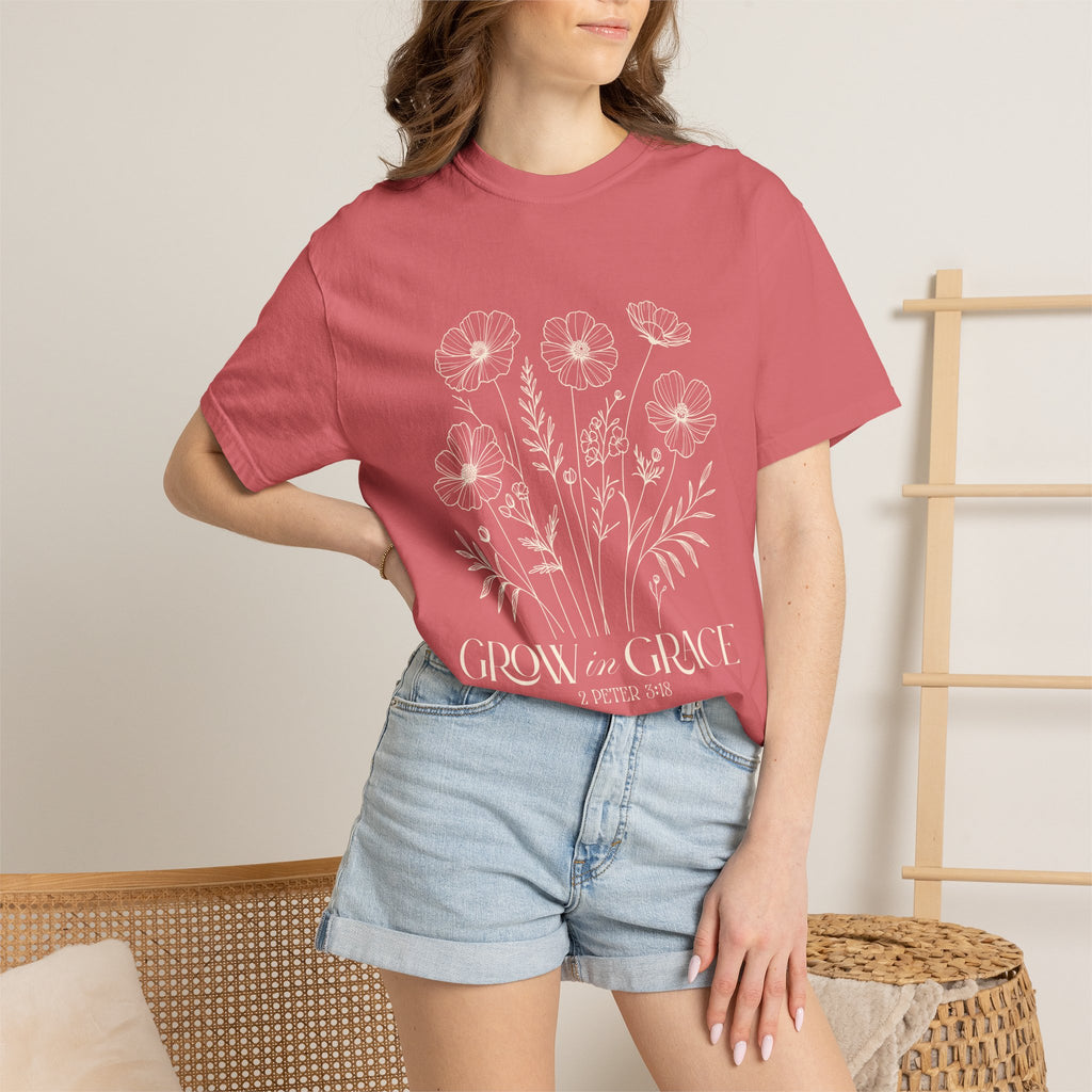 T-Shirt — Minimal white floral design Grow in Grace