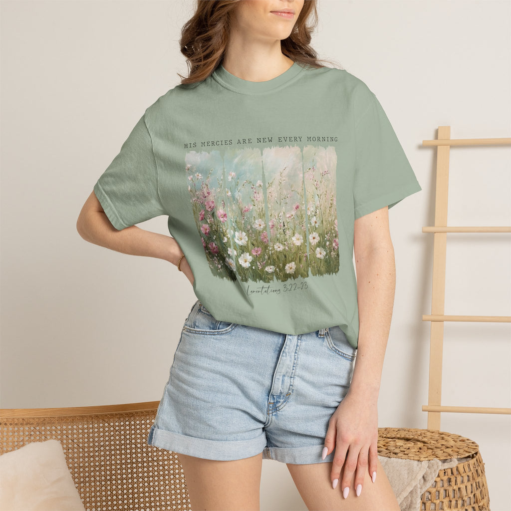 Floral Morning Meadow T‑Shirt – "His Mercies Are New Every Morning" Inspirational Tee
